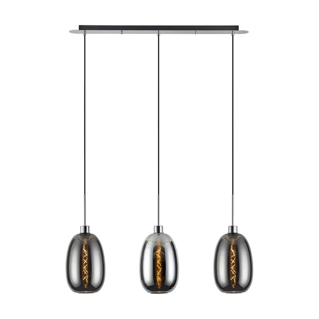 Lori 3 Light Pendant, a linear polished chrome ceiling bar suspending three smoke glass shades on black cables against a plain white background.