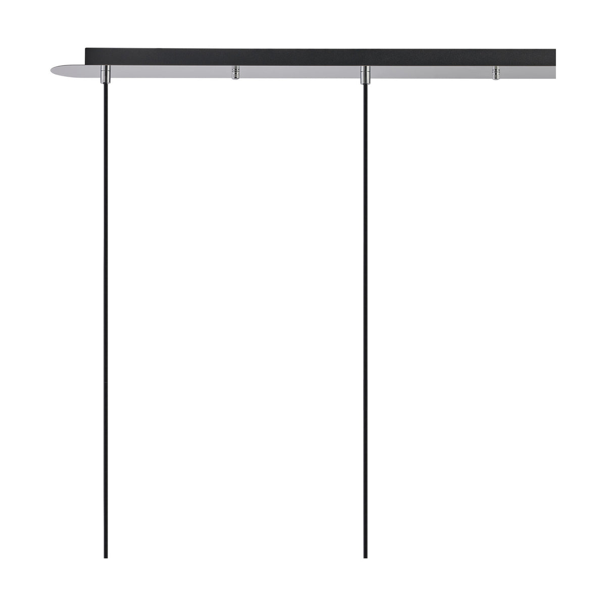 Lori 3 Light Pendant Light with a slim polished chrome ceiling bar and two visible black cables, shades not yet attached, shown on a plain white background.