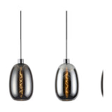 Lori 3 Light Pendant Light with polished chrome bar and smoke glass shades on black cables, shown on a white background.