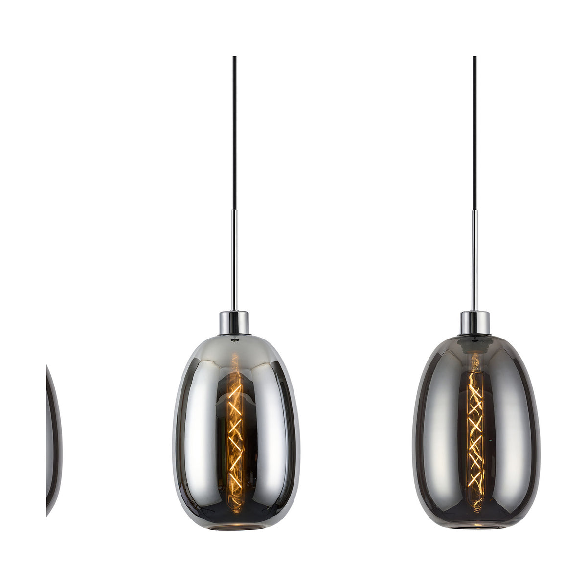 Lori 3 Light Pendant Light with polished chrome bar and smoke glass oval shades, shown against a plain white background.