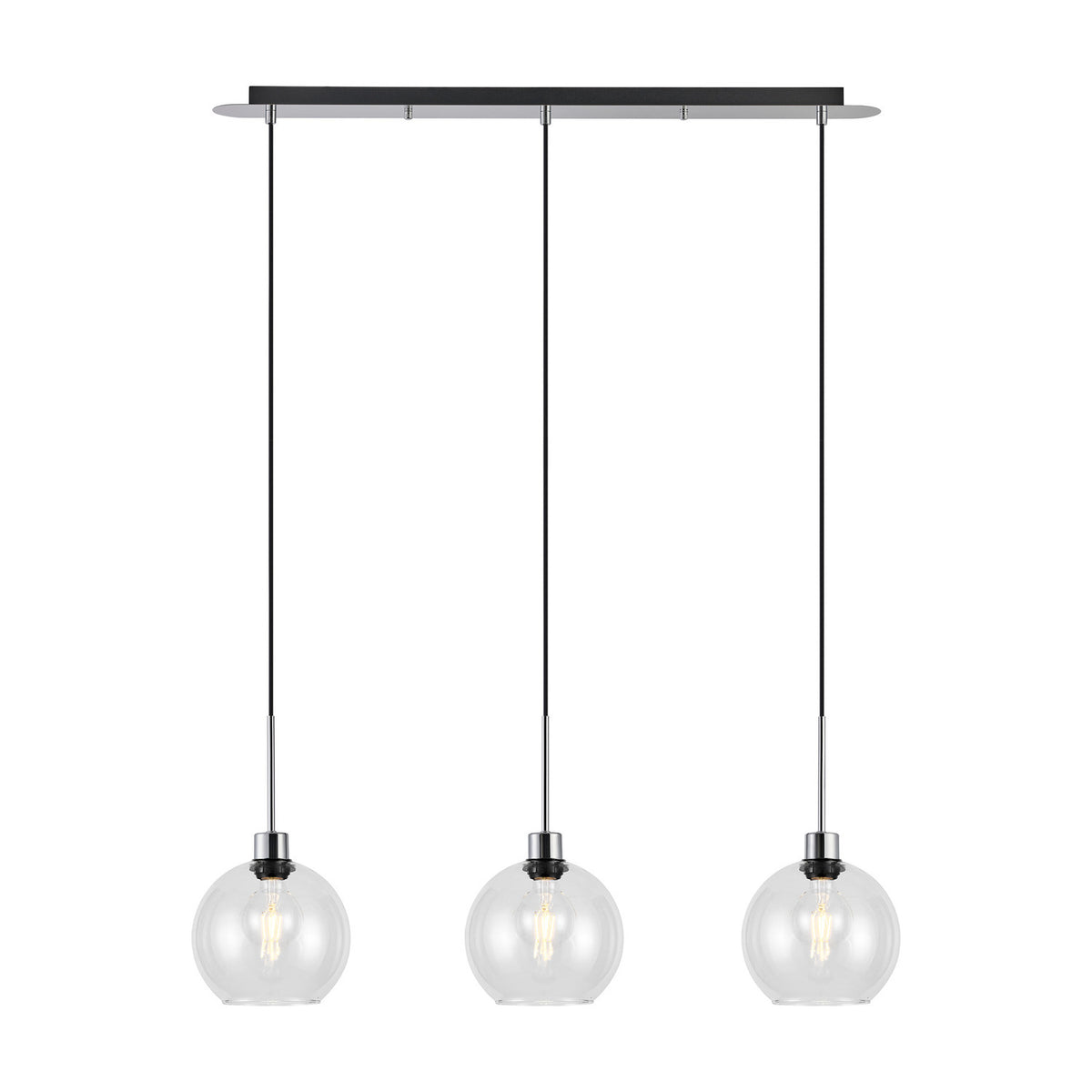 Lori 3 Light Clear Globe Pendant 85cm, three round glass shades on slim polished chrome rods from a black linear ceiling bar, shown against a plain white background.