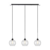 Lori 3 Light Clear Globe Pendant 85cm, three round glass shades on slim polished chrome rods from a black linear ceiling bar, shown against a plain white background.