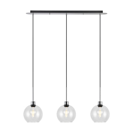 Lori 3 Light Clear Globe Pendant 85cm, three round glass shades on slim polished chrome rods from a black linear ceiling bar, shown against a plain white background.