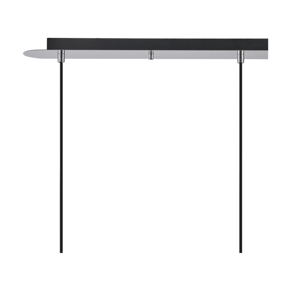 Lori 3 Light Clear Globe Pendant in polished chrome, showing the slim linear ceiling bar with three suspension points and long black cables, on a plain white background.