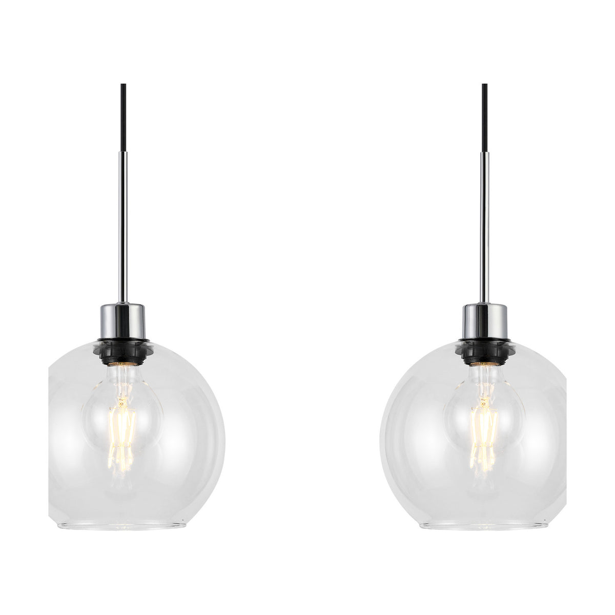 Lori pendant light with a single clear glass globe shade on a polished chrome fitting and black flex cable, shown as two matching units against a white background.