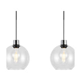 Lori pendant light with a single clear glass globe shade on a polished chrome fitting and black flex cable, shown as two matching units against a white background.