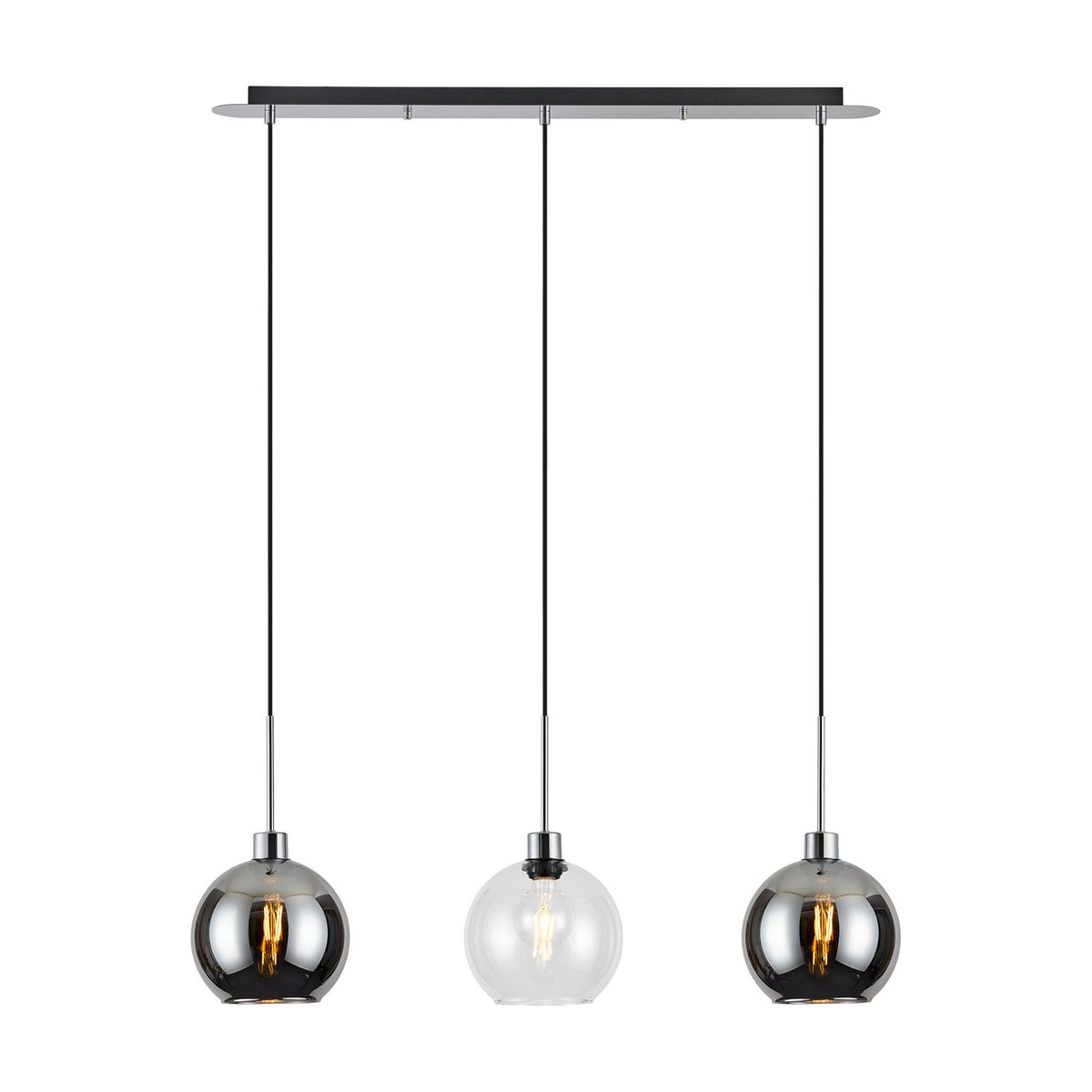 Lori 3 Light Pendant 85cm on a polished chrome bar, with two smoke-tinted globes and one clear glass globe, shown on a plain white background.