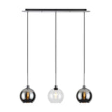 Lori 3 Light Pendant 85cm on a polished chrome bar, with two smoke-tinted globes and one clear glass globe, shown on a plain white background.
