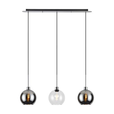 Lori 3 Light Pendant 85cm on a polished chrome bar, with two smoke-tinted globes and one clear glass globe, shown on a plain white background.
