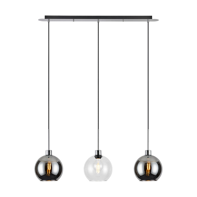 Lori 3 Light Pendant 85cm on a polished chrome bar, with two smoke-tinted globes and one clear glass globe, shown on a plain white background.