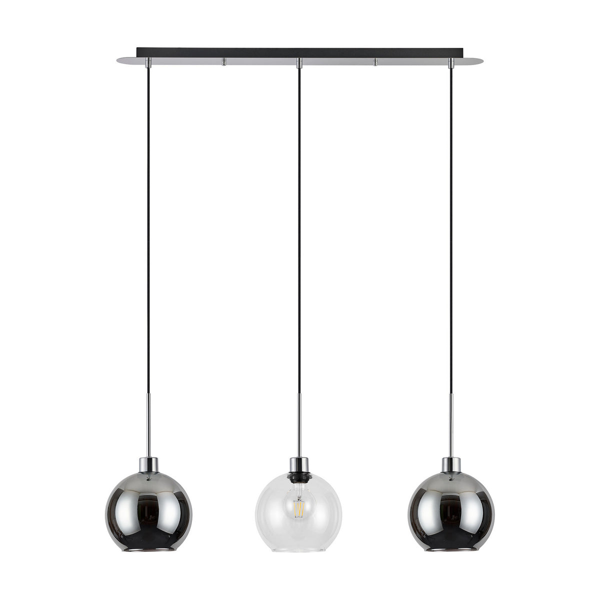 Lori 3 Light Pendant, 85cm polished chrome bar with three round globe shades in smoke and clear glass, hung on cords against a plain white background.