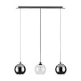Lori 3 Light Pendant, 85cm polished chrome bar with three round globe shades in smoke and clear glass, hung on cords against a plain white background.