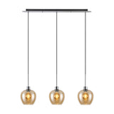 Lori 3-light linear pendant with a black and polished chrome ceiling bar, three amber glass wine-shaped shades and E27 bulbs, shown on a white background.
