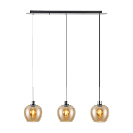 Lori 3-light linear pendant with a black and polished chrome ceiling bar, three amber glass wine-shaped shades and E27 bulbs, shown on a white background.