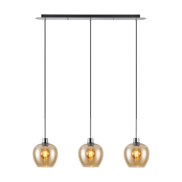 Lori 3-light linear pendant with a black and polished chrome ceiling bar, three amber glass wine-shaped shades and E27 bulbs, shown on a white background.
