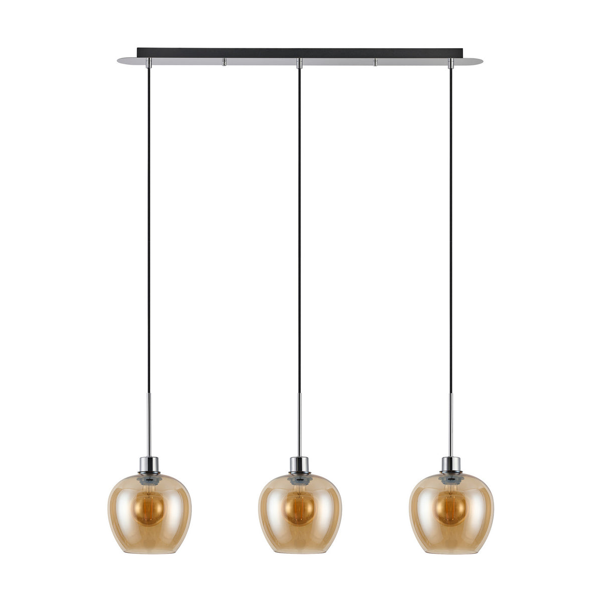 Lori 3-light E27 pendant on a slim black and polished chrome linear bar, with three amber glass wine-shaped shades on adjustable cords, shown on a plain white background.