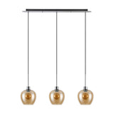 Lori 3-light E27 pendant on a slim black and polished chrome linear bar, with three amber glass wine-shaped shades on adjustable cords, shown on a plain white background.