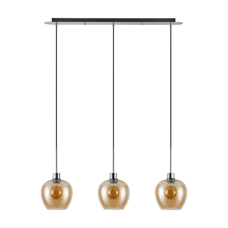 Lori 3-light E27 pendant on a slim black and polished chrome linear bar, with three amber glass wine-shaped shades on adjustable cords, shown on a plain white background.