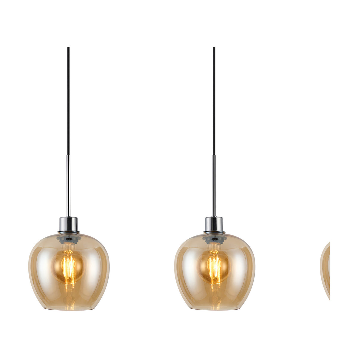 Lori E27 3 Light Wine Pendant Light in amber glass with polished chrome fittings, showing individual globe shades with visible bulbs on black cables against a white background.