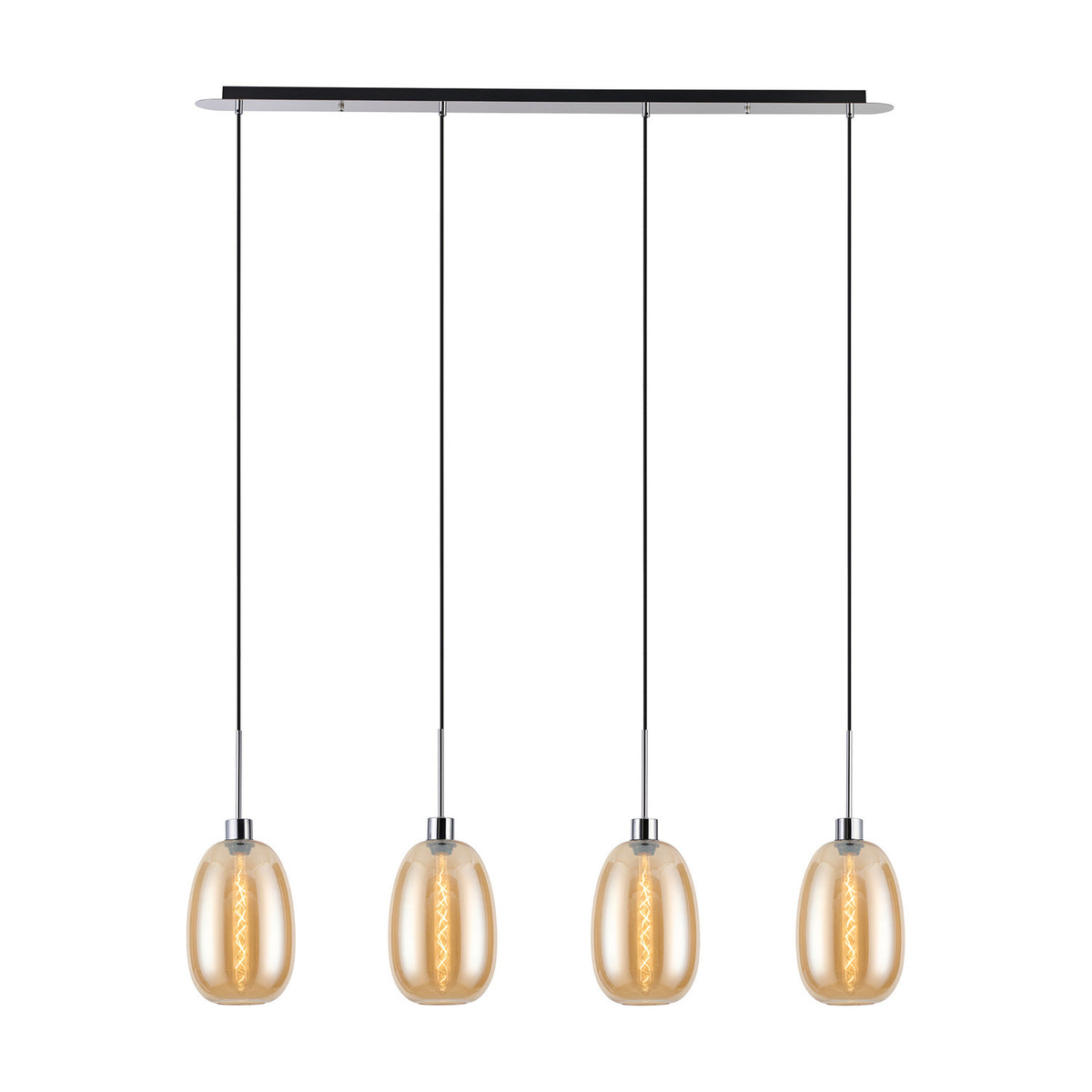 Lori 4 Light Trapezium Pendant Light with amber glass shades on a linear polished chrome bar, shown on a plain white background.