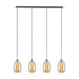 Lori 4 Light Trapezium Pendant Light with amber glass shades on a linear polished chrome bar, shown on a plain white background.