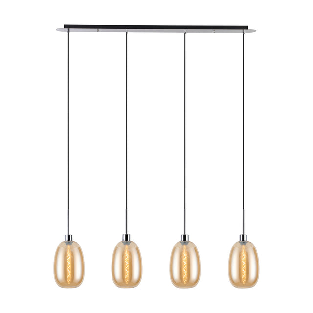 Lori 4 Light Trapezium Pendant Light with amber glass shades on a linear polished chrome bar, shown on a plain white background.