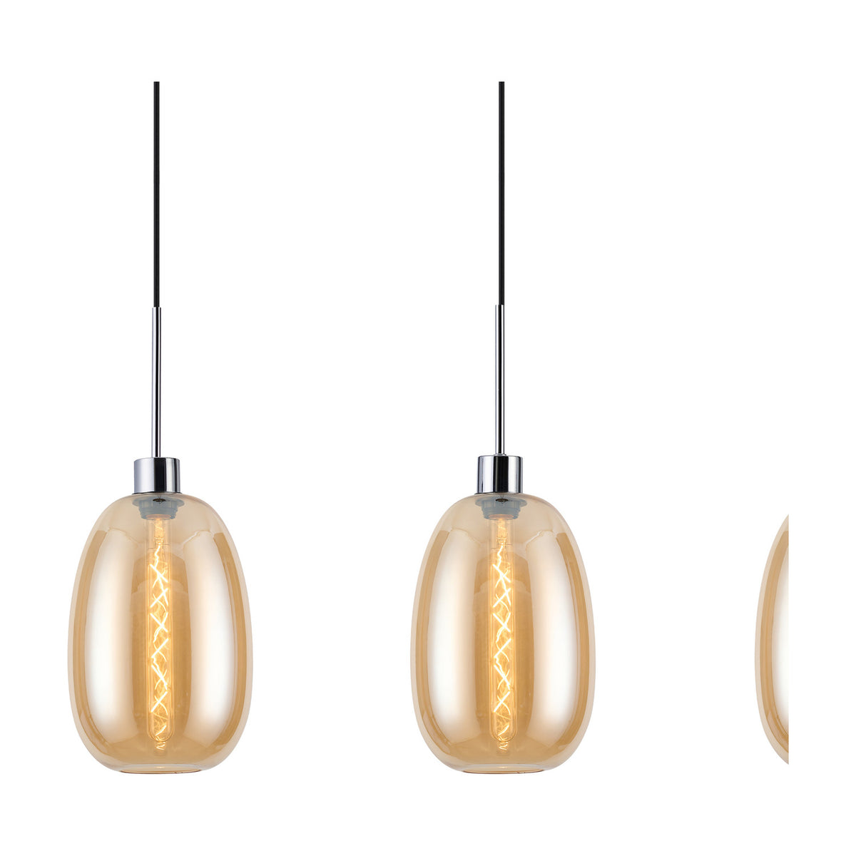 Lori 4 Light Trapezium Pendant Light in amber glass with polished chrome fittings, showing individually suspended trapezium shades with visible filament bulbs against a plain white background.