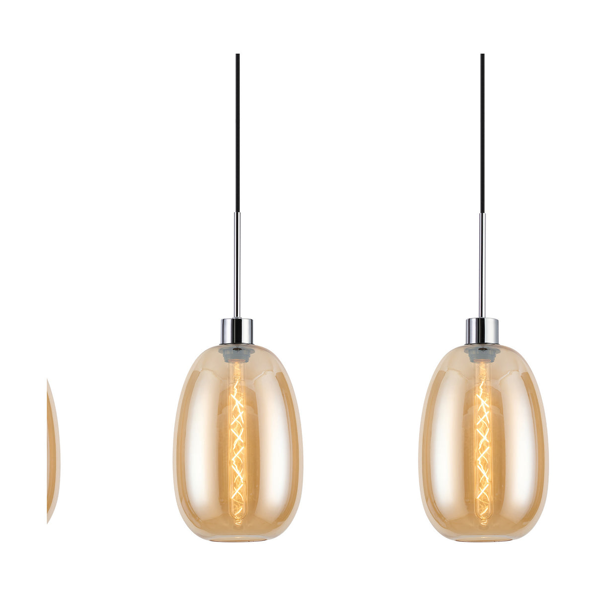 Lori pendant light with two amber glass trapezium shades on black cords and polished chrome fittings, shown with a shade profile view, on a plain white background.