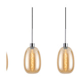 Lori pendant light with two amber glass trapezium shades on black cords and polished chrome fittings, shown with a shade profile view, on a plain white background.