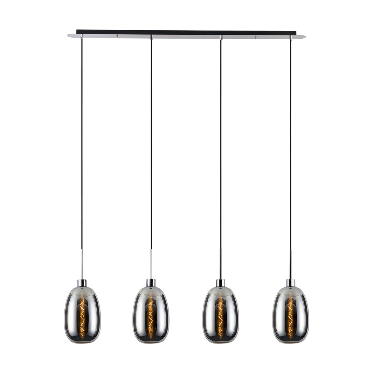 Lori 4 Light Trapezium Pendant, four chrome-topped smoked glass shades on black cables from a black linear ceiling bar, shown on a plain white background.