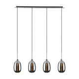 Lori 4 Light Trapezium Pendant, four chrome-topped smoked glass shades on black cables from a black linear ceiling bar, shown on a plain white background.