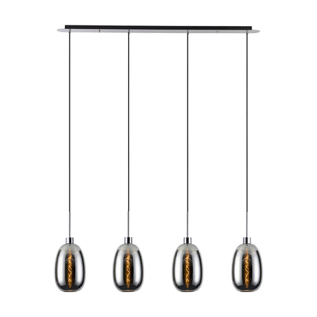 Lori 4 Light Trapezium Pendant, four chrome-topped smoked glass shades on black cables from a black linear ceiling bar, shown on a plain white background.