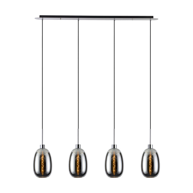 Lori 4 Light Trapezium Pendant, four chrome-topped smoked glass shades on black cables from a black linear ceiling bar, shown on a plain white background.