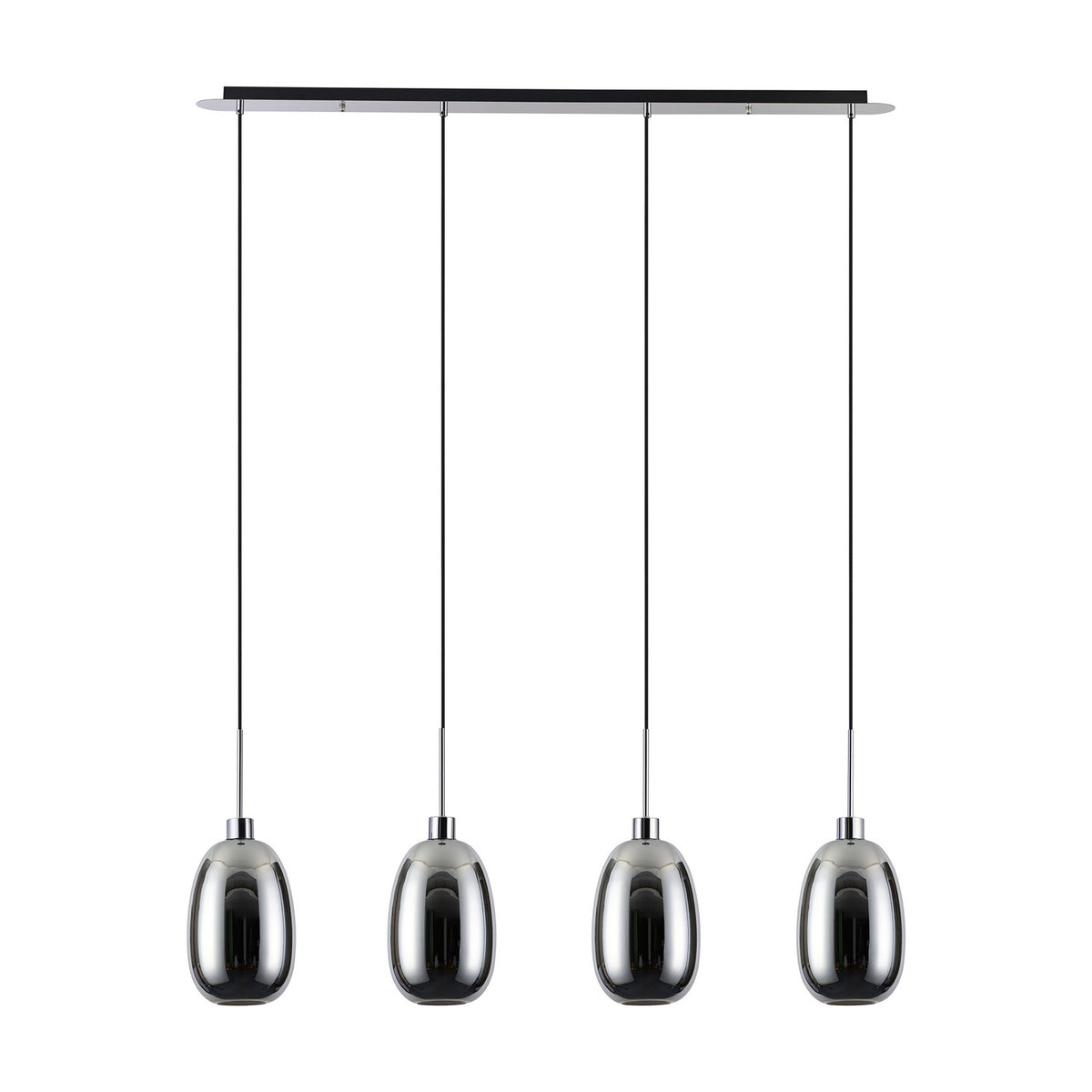 Lori 4 Light Trapezium Pendant with polished chrome bar and four ombre glass shades on individual cords, shown against a plain white background.