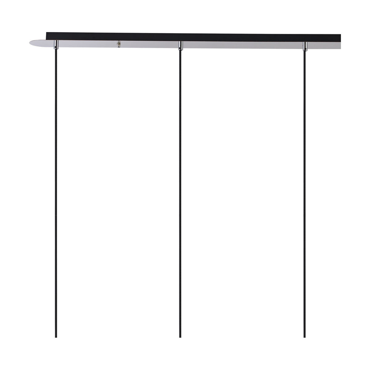 Lori 4 Light Trapezium Pendant in polished chrome, showing a slim 1.2m ceiling bar with three visible suspension cables, on a plain white background.