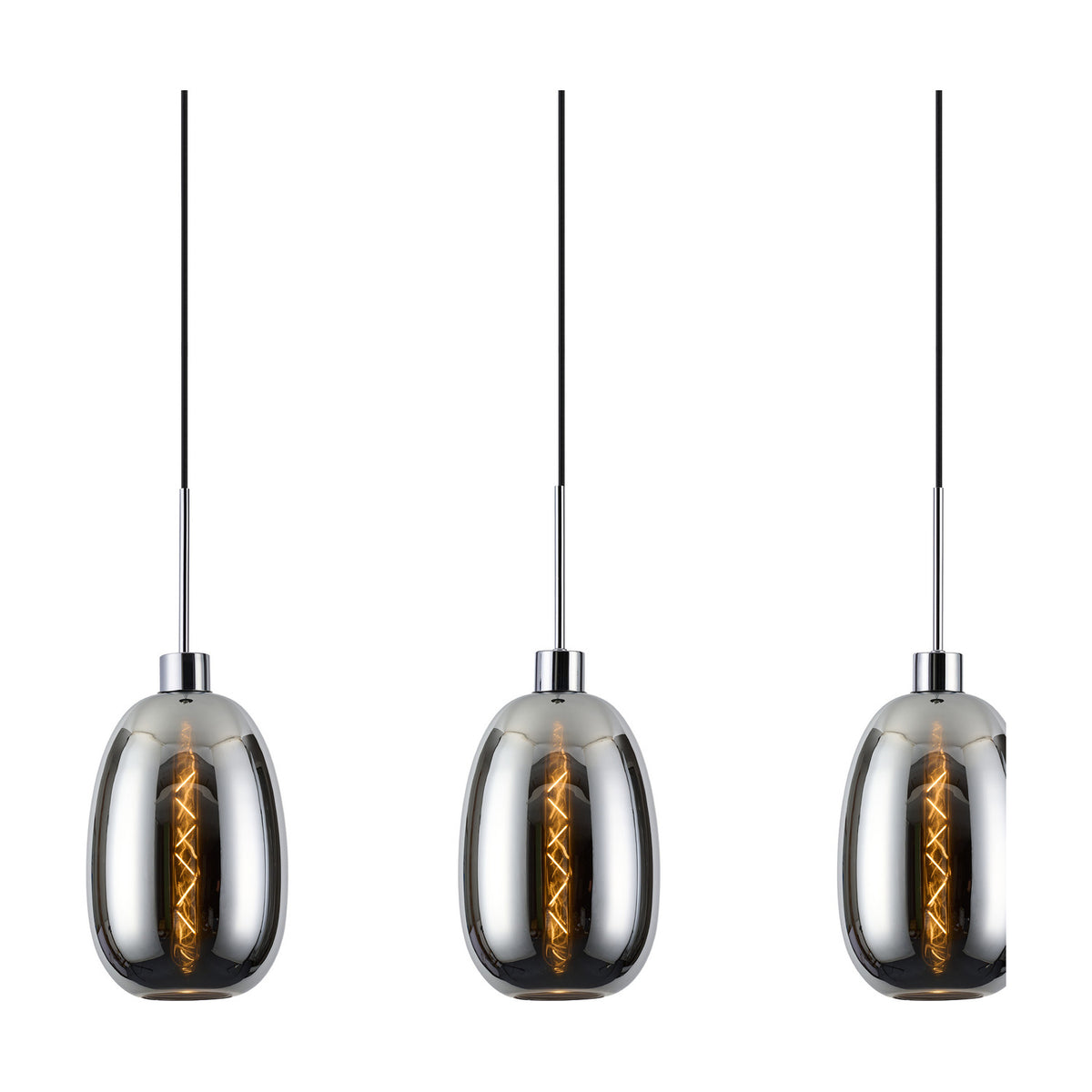 Lori pendant light showing three of four trapezium-shaped chrome glass shades on individual cords with visible filament bulbs, polished chrome fittings, plain white background.