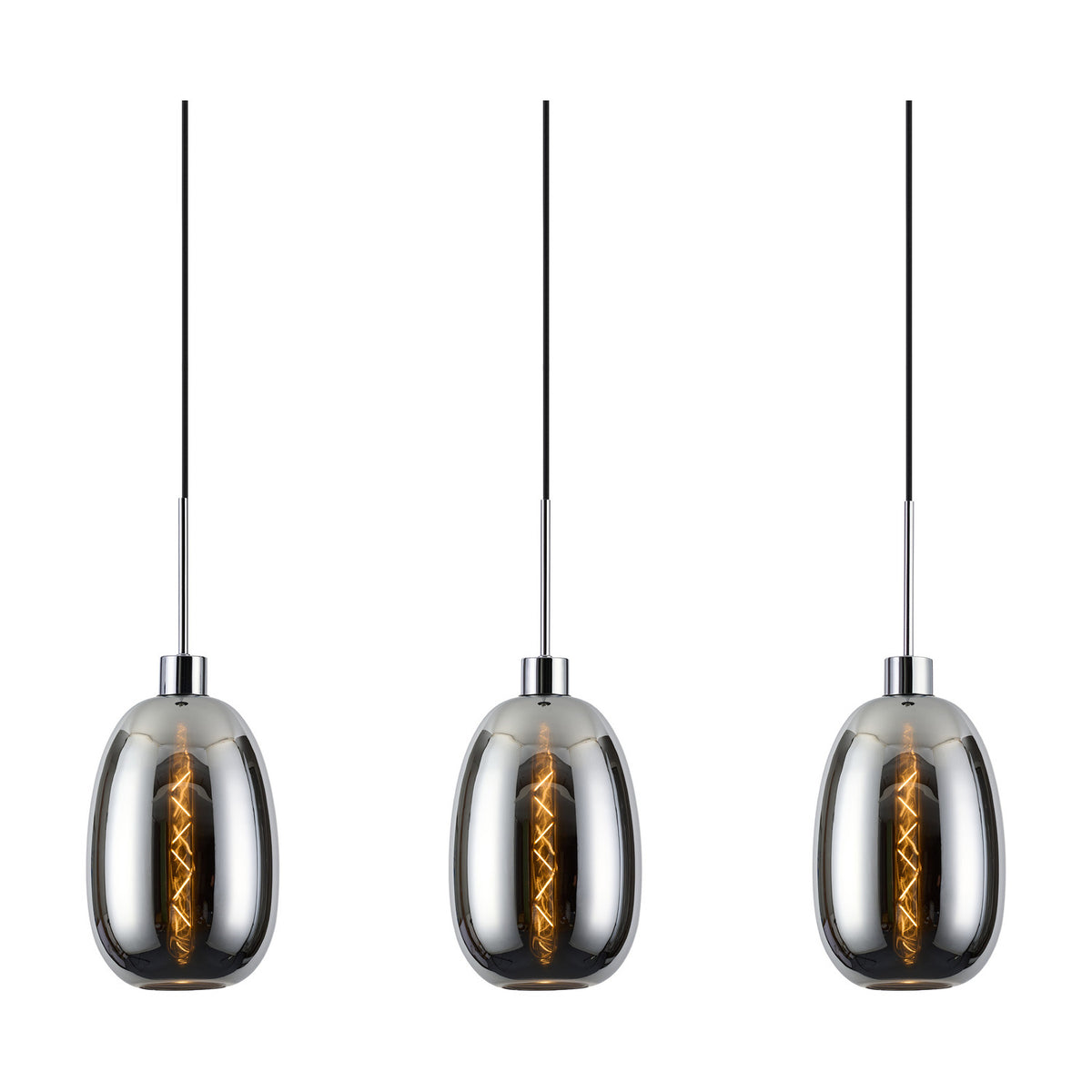 Lori pendant light showing three polished chrome trapezium glass shades with visible filament bulbs, suspended on black cables against a white background.