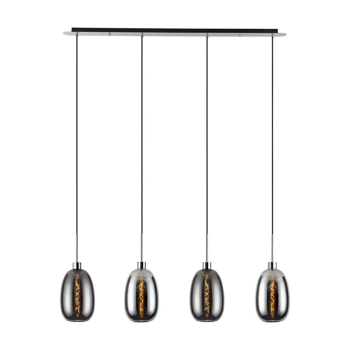 Lori 4 Light Pendant Light with polished chrome linear bar and four smoke glass oval shades on black cords, shown on a plain white background.