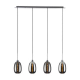 Lori 4 Light Pendant Light with polished chrome linear bar and four smoke glass oval shades on black cords, shown on a plain white background.