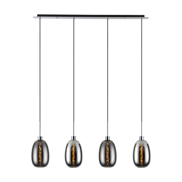 Lori 4 Light Pendant Light with polished chrome linear bar and four smoke glass oval shades on black cords, shown on a plain white background.