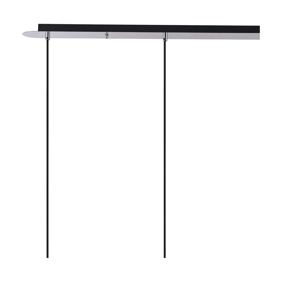 Lori 4 Light Pendant Light with a long, narrow polished chrome ceiling bar and two black adjustable suspension cables, shown against a plain white background.