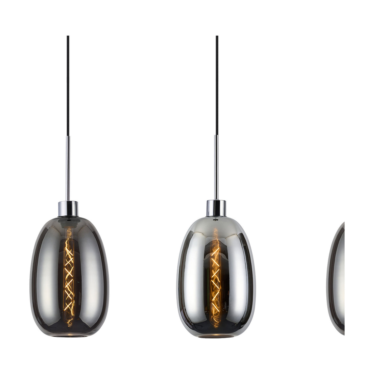 Lori pendant lights with smoke glass, elongated oval shades on black cords and polished chrome fittings, showing visible filament bulbs, against a white background.