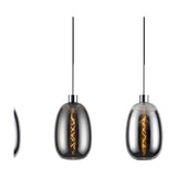 Lori 4 Light Pendant, two smoke glass oval shades shown lit on black cords with polished chrome fittings, set against a plain white background.