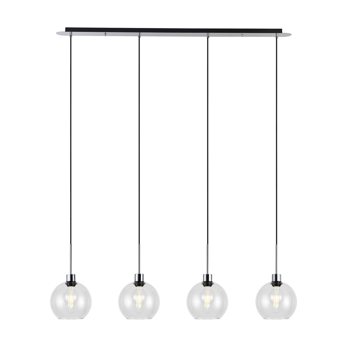 Lori 4 Light Clear Globe Pendant, four round glass globes on black cables from a 1.2m polished chrome ceiling bar, shown on a plain white background.