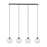 Lori 4 Light Clear Globe Pendant, four round glass globes on black cables from a 1.2m polished chrome ceiling bar, shown on a plain white background.