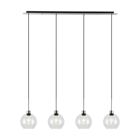 Lori 4 Light Clear Globe Pendant, four round glass globes on black cables from a 1.2m polished chrome ceiling bar, shown on a plain white background.