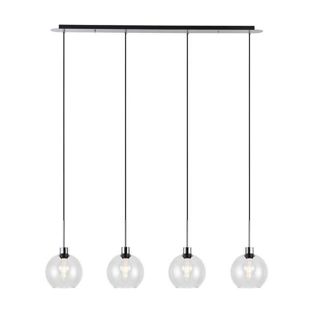 Lori 4 Light Clear Globe Pendant, four round glass globes on black cables from a 1.2m polished chrome ceiling bar, shown on a plain white background.