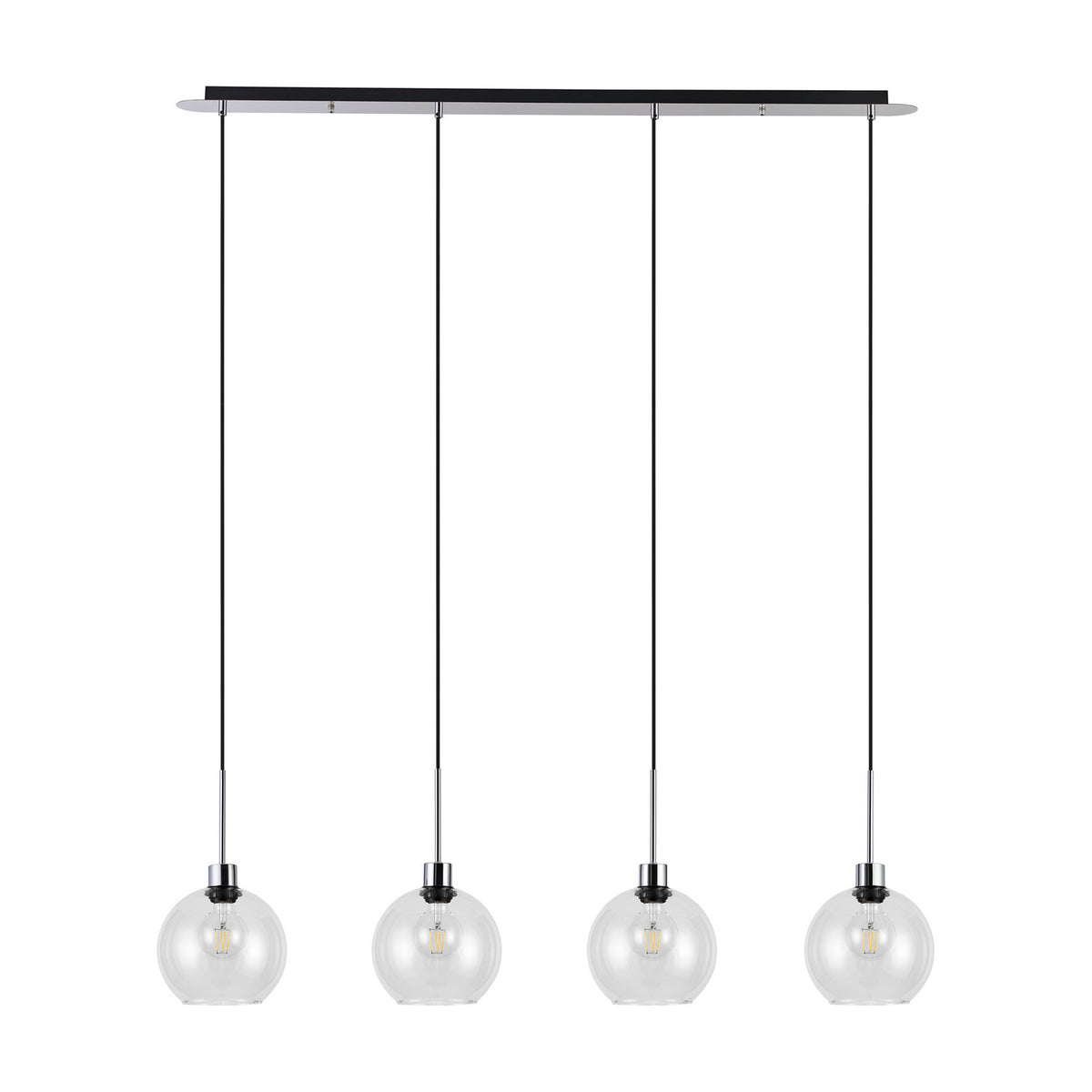 Lori 4 Light Clear Globe Pendant in polished chrome, with four round glass globes on cords hung from a slim 1.2m bar, shown on a plain white background.