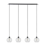 Lori 4 Light Clear Globe Pendant in polished chrome, with four round glass globes on cords hung from a slim 1.2m bar, shown on a plain white background.
