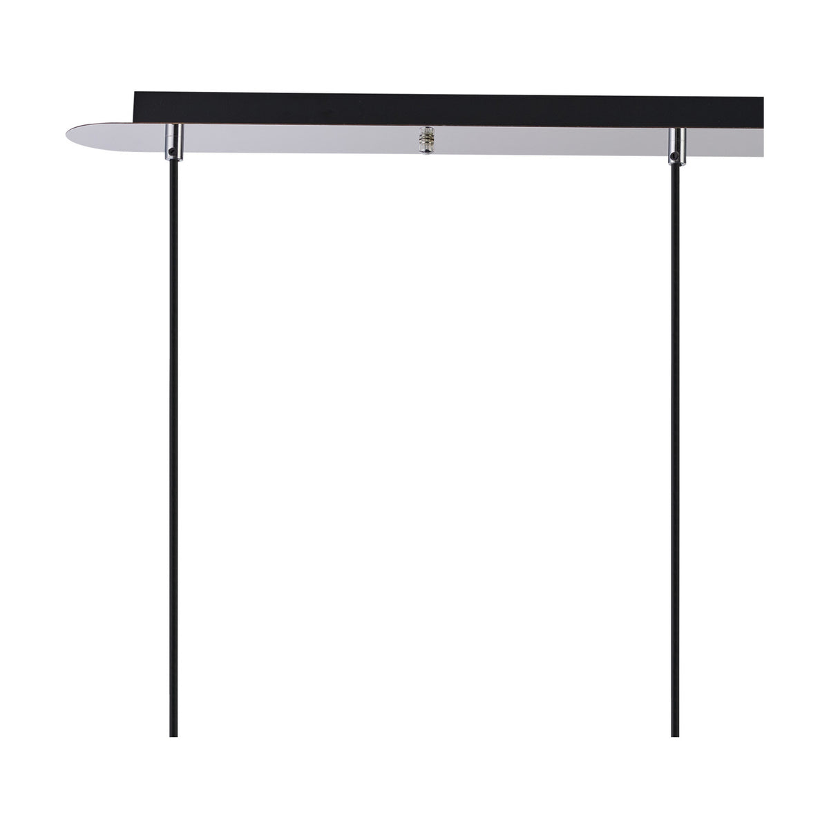 Lori 4 Light Clear Globe Pendant 1.2m Long in polished chrome, showing the slim linear ceiling bar with dual black suspension cables on a plain white background.